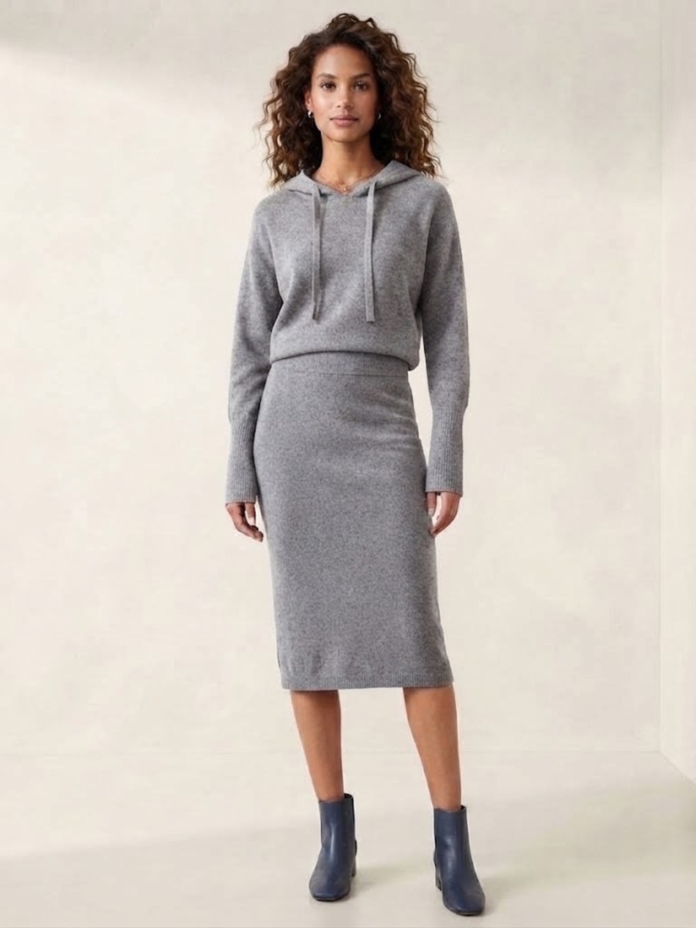 a new day Gray Knit Sweater Hoodie and Matching Pencil Skirt - Women